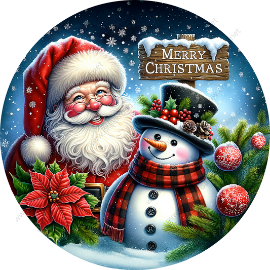 Santa Claus and a snowman are depicted in a festive winter scene, surrounded by snowflakes and a "Merry Christmas" sign.