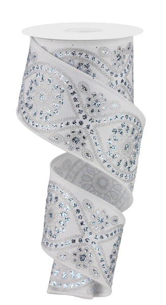 A white ribbon with a silver sequin pattern, creating a decorative and shiny appearance.
