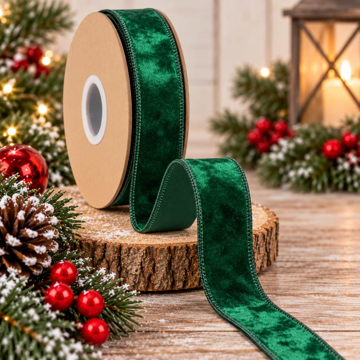 A roll of green velvet ribbon is displayed on a wooden surface, surrounded by Christmas decorations such as pine branches, red berries, and a lantern.