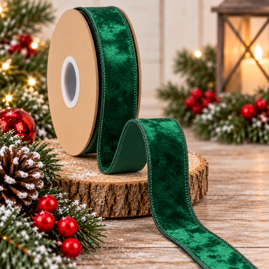 A roll of green velvet ribbon is displayed on a wooden surface, surrounded by Christmas decorations such as pine branches, red berries, and a lantern.