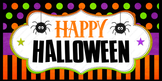 a happy halloween sign with a spider on it