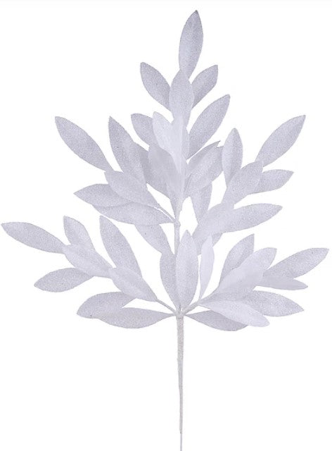 A white, leaf-like object with a thin stem, resembling a plant or a decorative element.