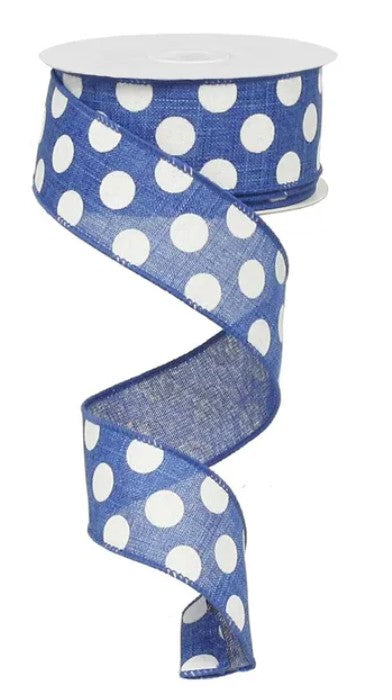 A blue and white polka dot ribbon is shown, with the ribbon winding around itself in a spiral pattern.