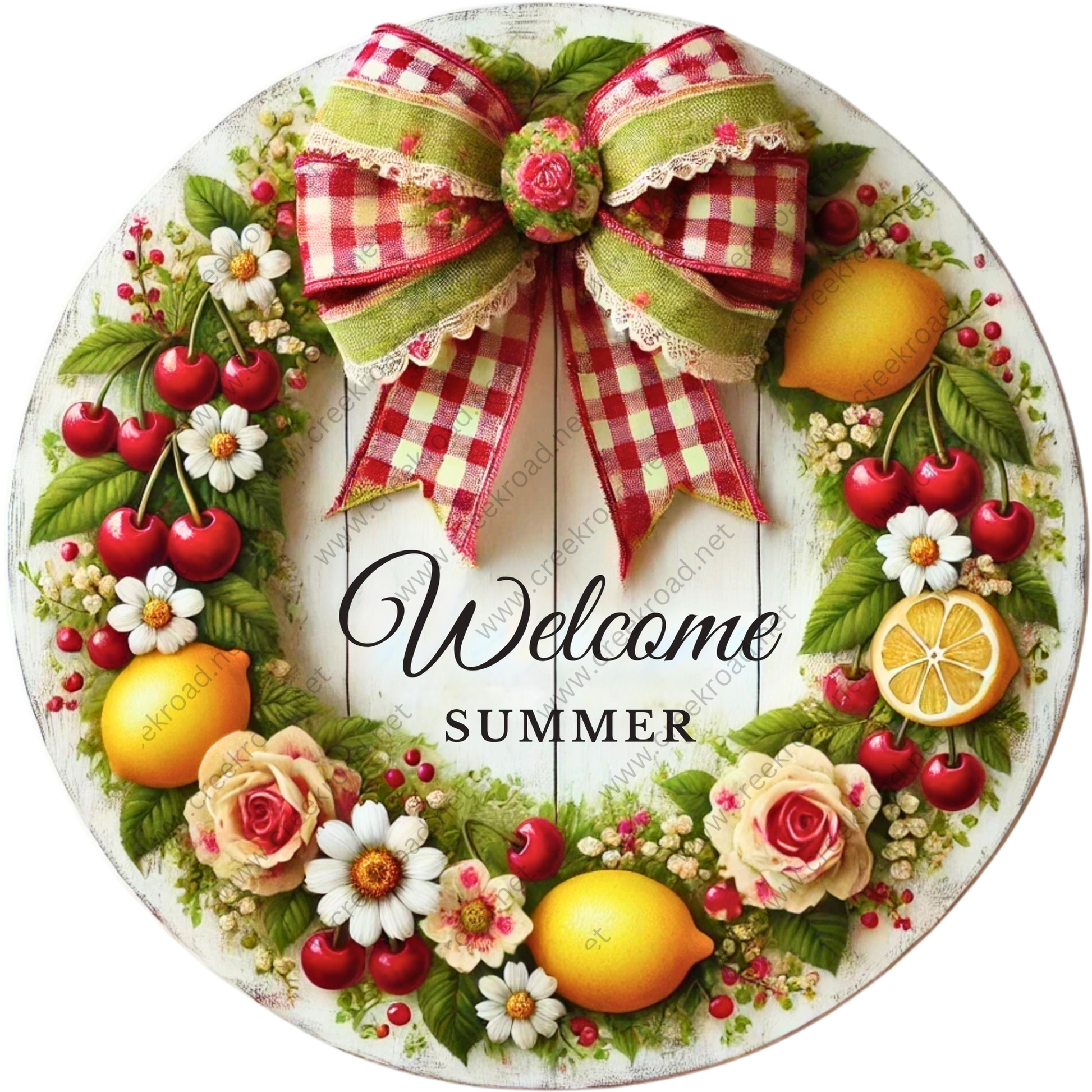 A decorative wreath made of various fruits, flowers, and leaves, with a large bow at the center. The wreath is surrounded by the text "Welcome Summer" in a stylized font.