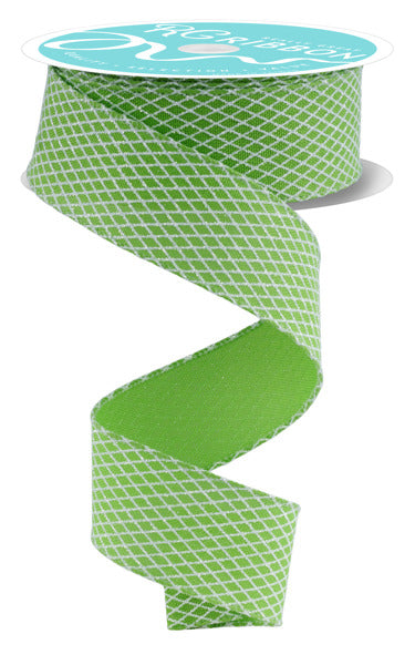 A roll of green and white patterned ribbon is shown, with the ribbon winding around a white base.