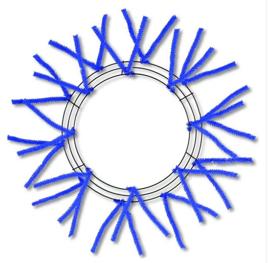 A circular wreath made of blue pipe cleaners, with the pipe cleaners arranged in a radial pattern around the center of the wreath.