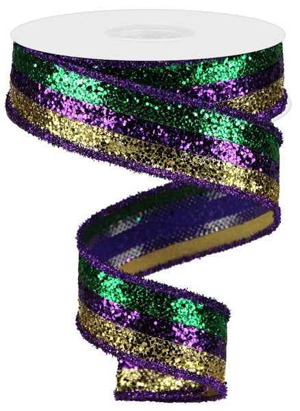 A spiral-shaped ribbon with a multicolored, glittery pattern in shades of purple, green, and gold.