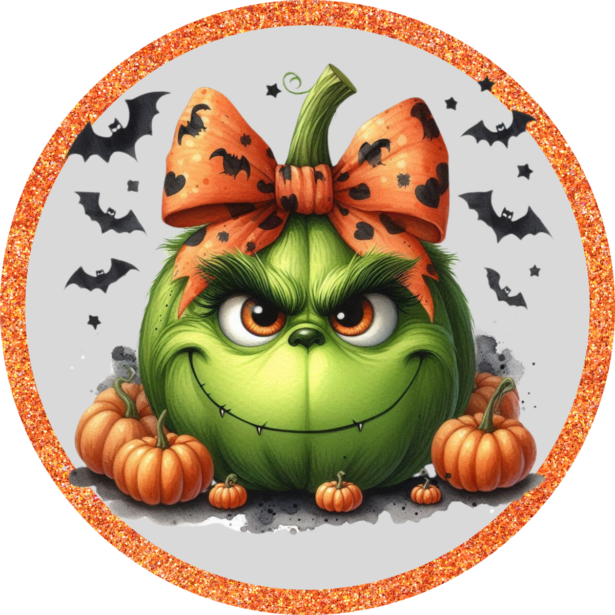 A grumpy-looking green pumpkin with a bow and a pair of orange bats surrounding it, set against a glittery orange border.