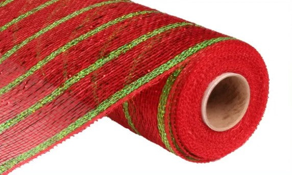 A roll of red and green striped fabric.