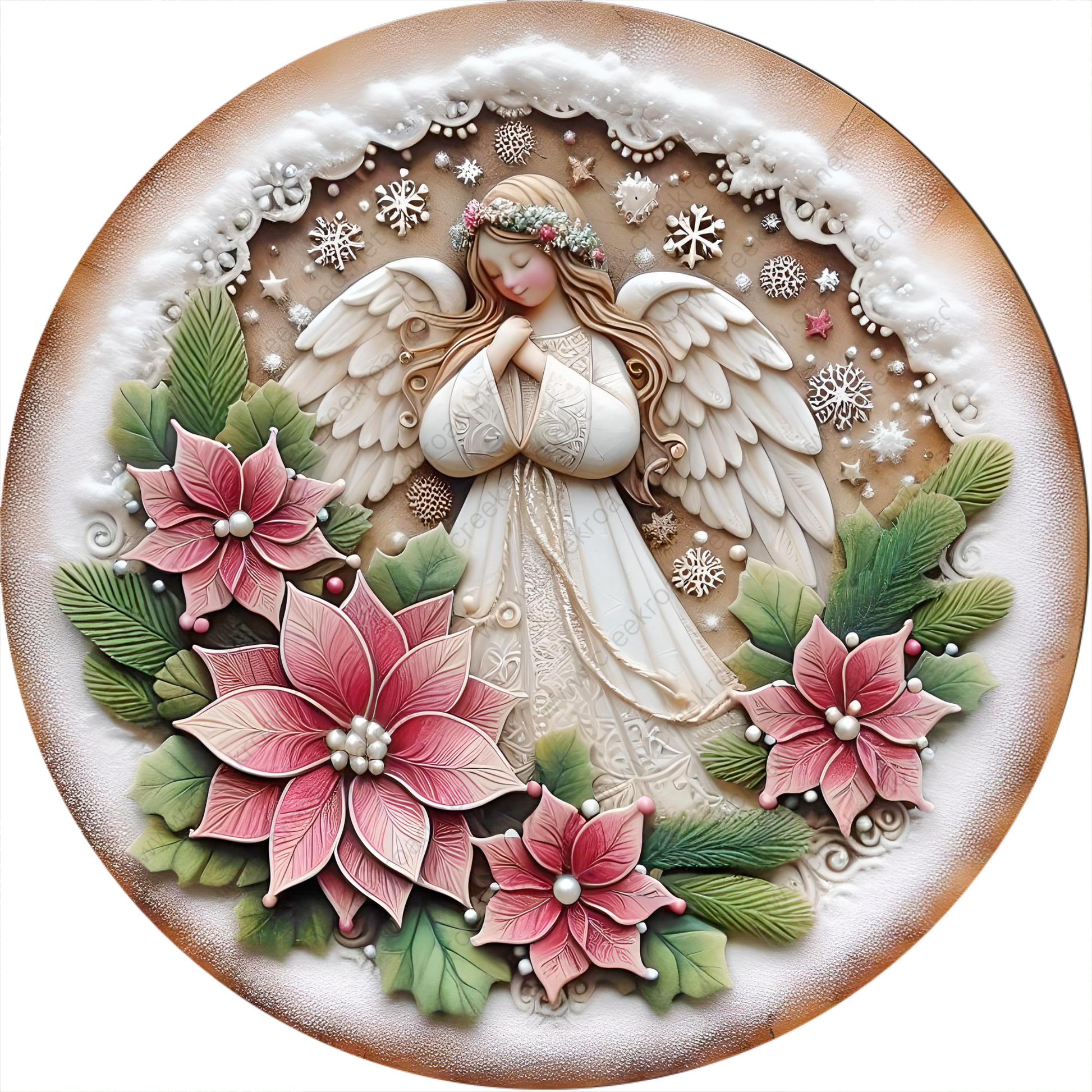 a plate with a picture of an angel surrounded by flowers