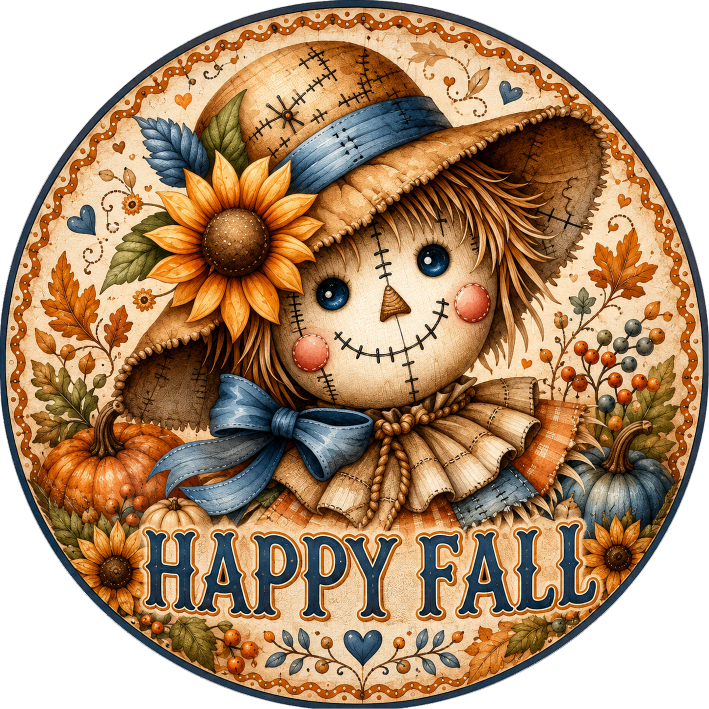 A cheerful illustration of a scarecrow with a sunflower, surrounded by autumn-themed elements such as pumpkins, leaves, and berries. The text "HAPPY FALL" is prominently displayed in the center of the image.