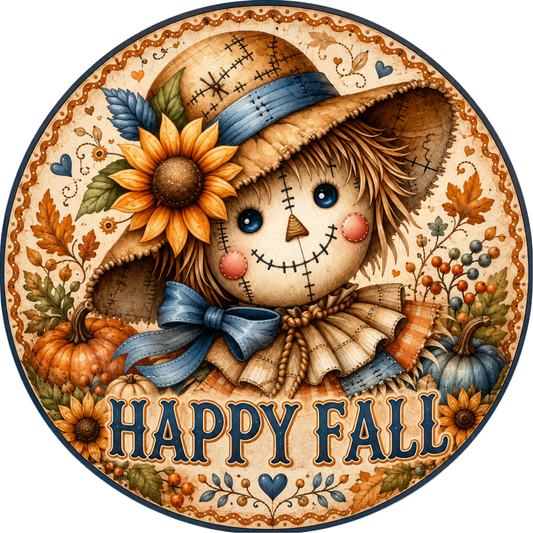 A cheerful illustration of a scarecrow with a sunflower, surrounded by autumn-themed elements such as pumpkins, leaves, and berries. The text "HAPPY FALL" is prominently displayed in the center of the image.