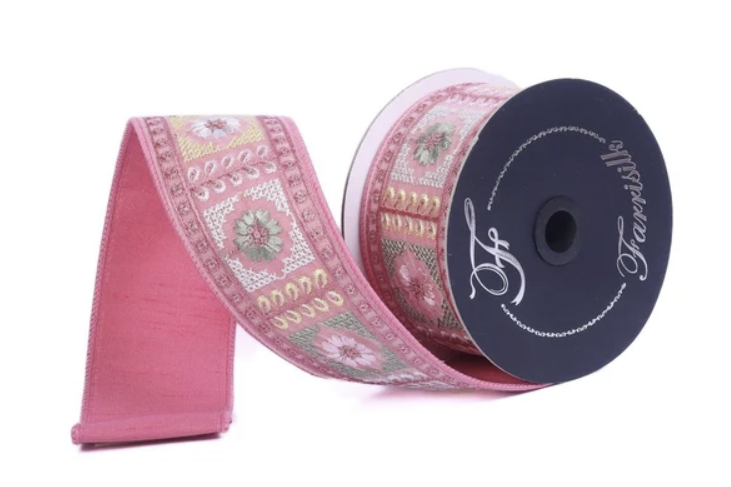 A pink decorative ribbon with a floral pattern is shown against a white background.