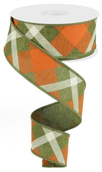 a green and orange plaid ribbon on a white background