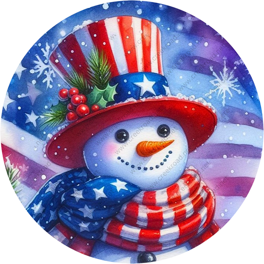 A snowman wearing a patriotic hat and scarf, with a star on its head, against a snowy background with snowflakes and stars.