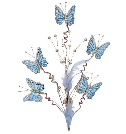 A branch with blue and white butterflies and small beads or sequins.