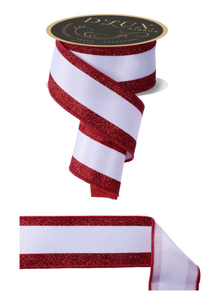 a red and white ribbon with a metallic sheen, and it is placed on a white background.