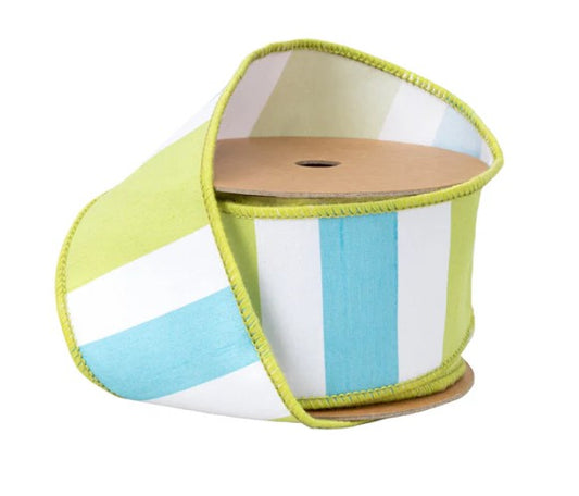 A roll of ribbon with a striped pattern in shades of green, white, and blue.