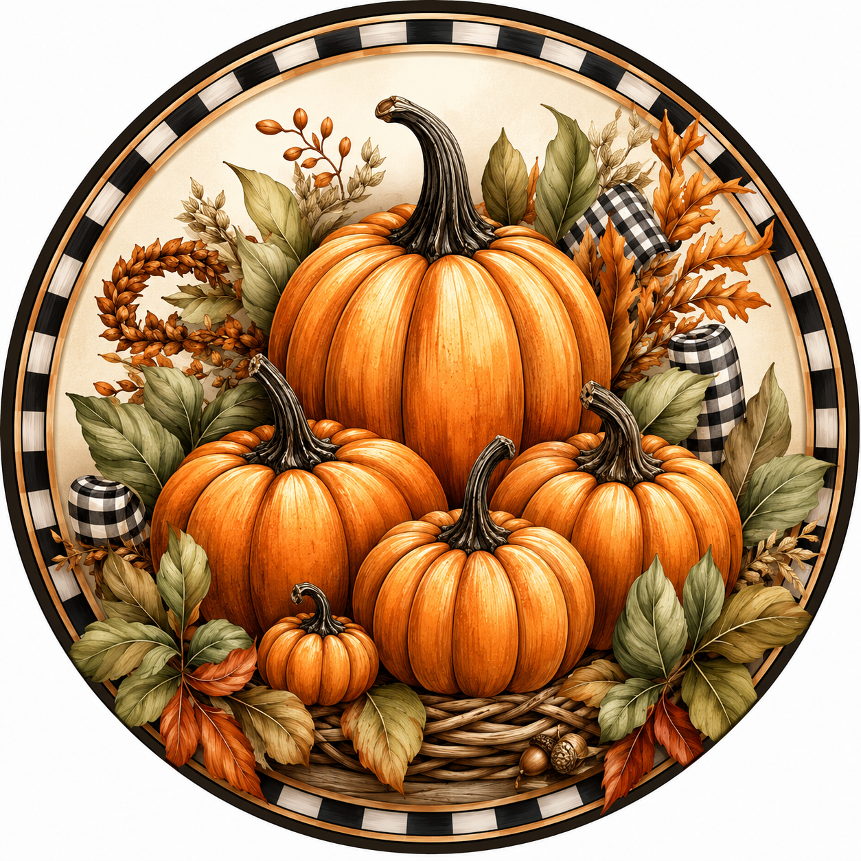 A circular arrangement of four large orange pumpkins surrounded by smaller pumpkins, leaves, and other fall-themed elements, all set against a white background with a black and white checkered border.