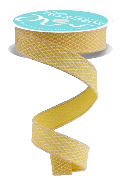 A spiral-shaped yellow and white fabric ribbon is shown against a white background.