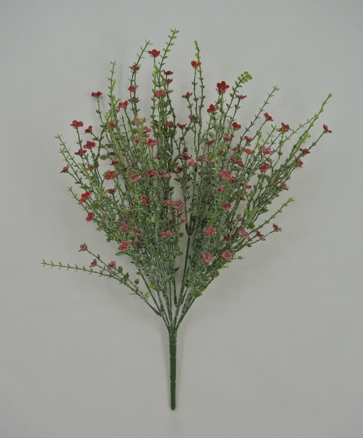 A bouquet of red flowers with green stems is displayed against a plain white background.