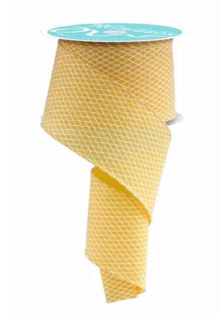 a roll of yellow and white checkered ribbon with a turquoise label.