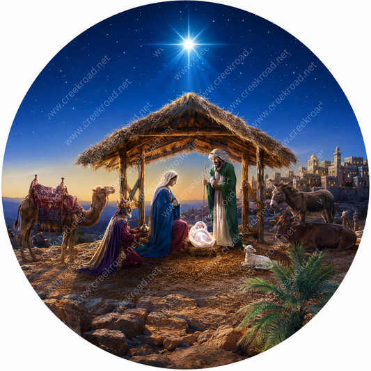 A nativity scene depicting the birth of Jesus Christ, with the three wise men and the baby Jesus in a manger surrounded by animals and a city in the background.