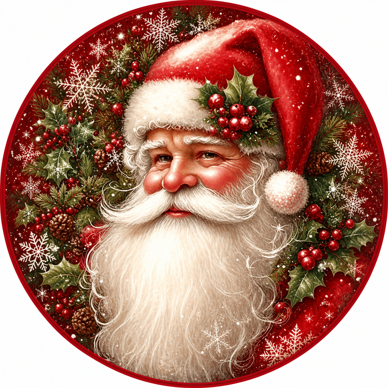 Santa Claus with a white beard and red beard, wearing a red Santa hat with berries and holly leaves, surrounded by snowflakes and pine cones.