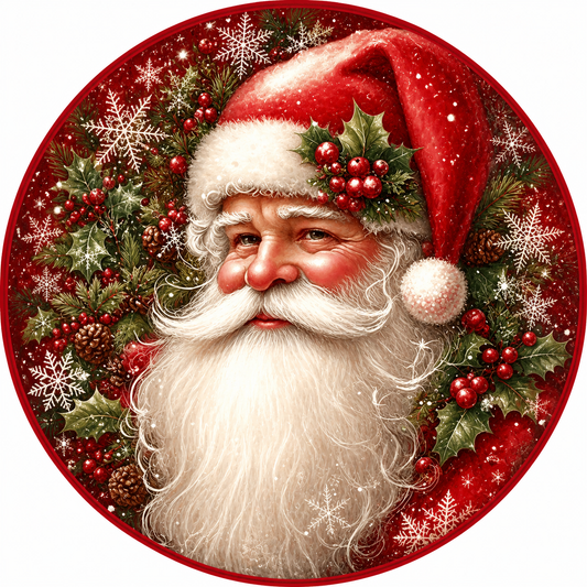 Santa Claus with a white beard and red beard, wearing a red Santa hat with berries and holly leaves, surrounded by snowflakes and pine cones.