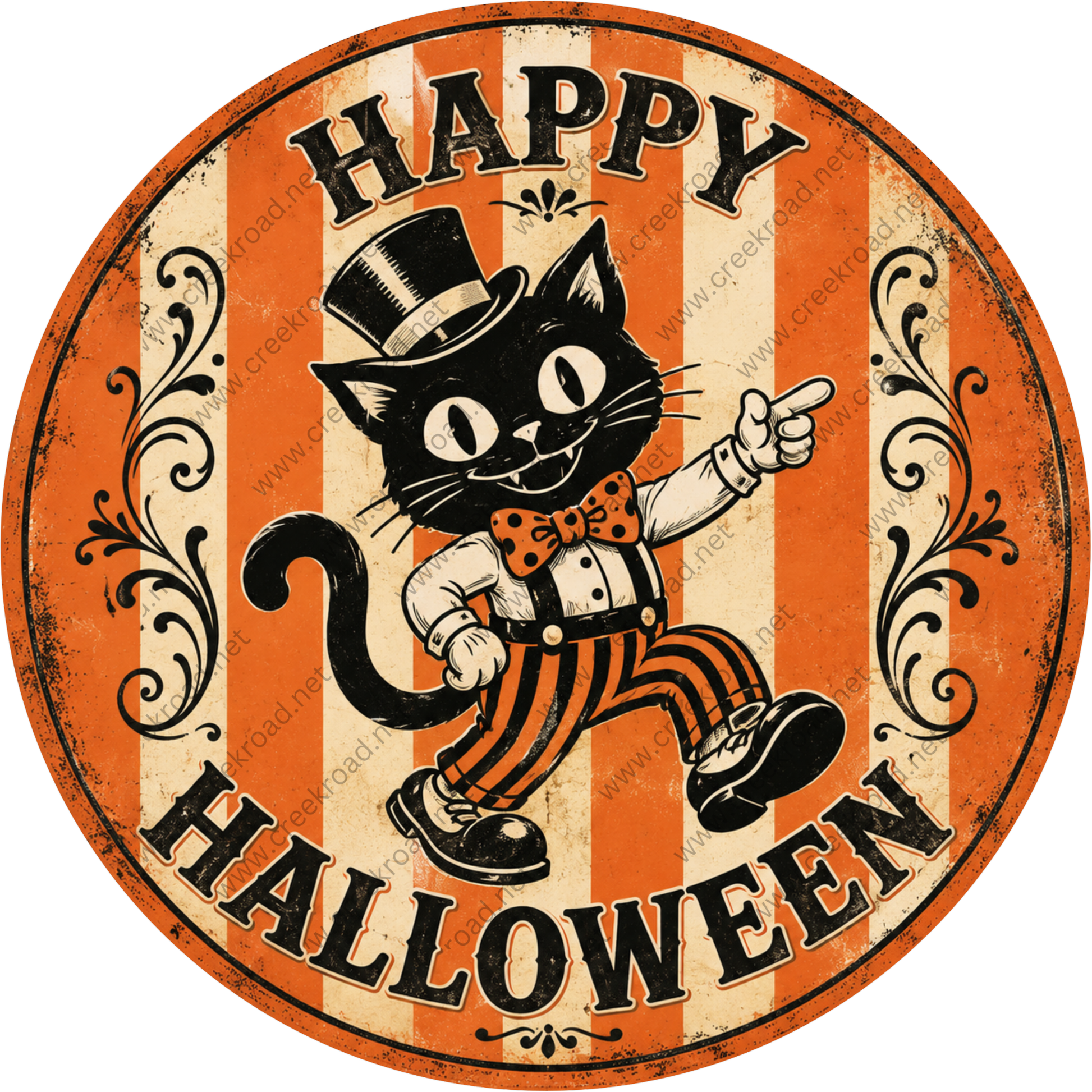 A vintage-style illustration of a black cat wearing a top hat and striped pants, with the text "Happy Halloween" prominently displayed.