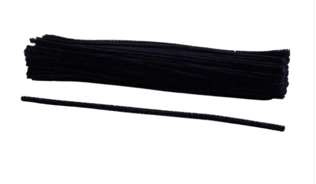 A bundle of black pipe cleaners or similar materials is shown against a white background.