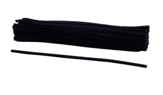 A bundle of black pipe cleaners or similar materials is shown against a white background.