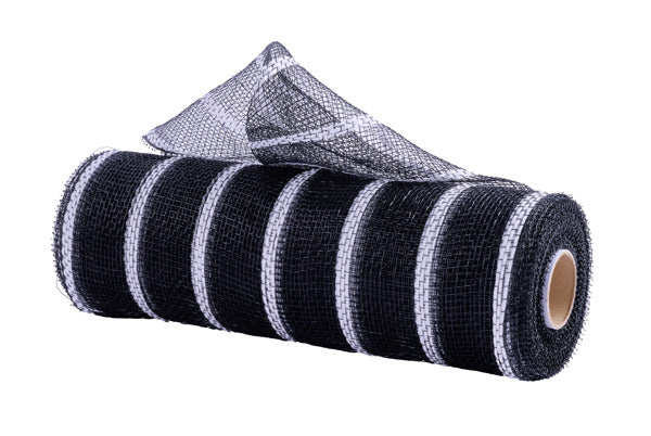 A roll of black and white striped mesh material.