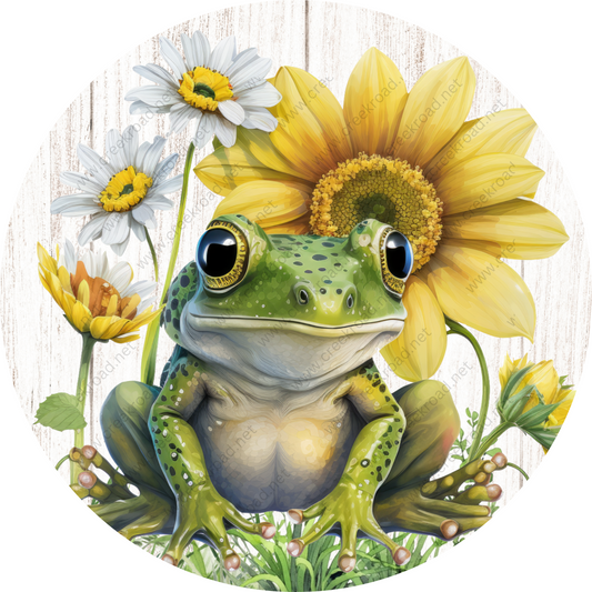 a frog with a sunflower on its head