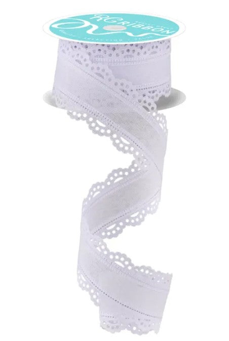 A roll of white lace ribbon with a scalloped edge, displayed against a white background.