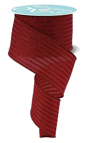 a red ribbon with a metallic, striped pattern.
