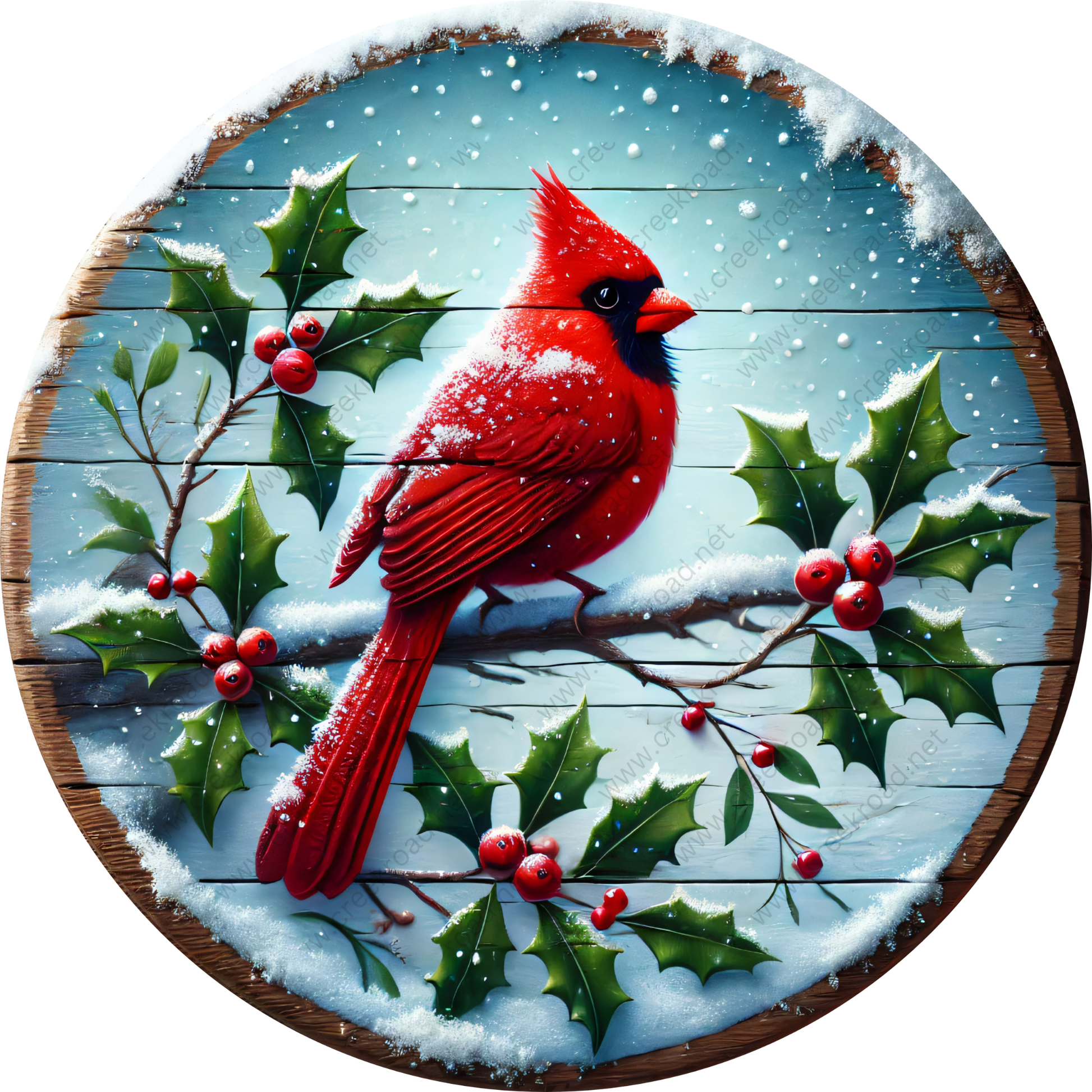 A vibrant red cardinal bird perches on a branch adorned with holly leaves and berries, set against a snowy background.