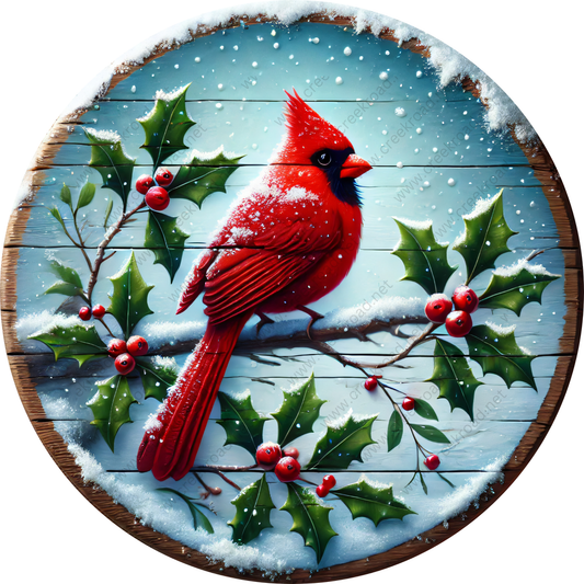 A vibrant red cardinal bird perches on a branch adorned with holly leaves and berries, set against a snowy background.