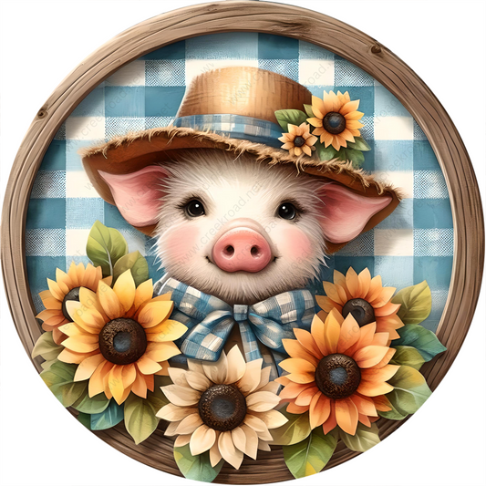 a painting of a pig wearing a hat with sunflowers