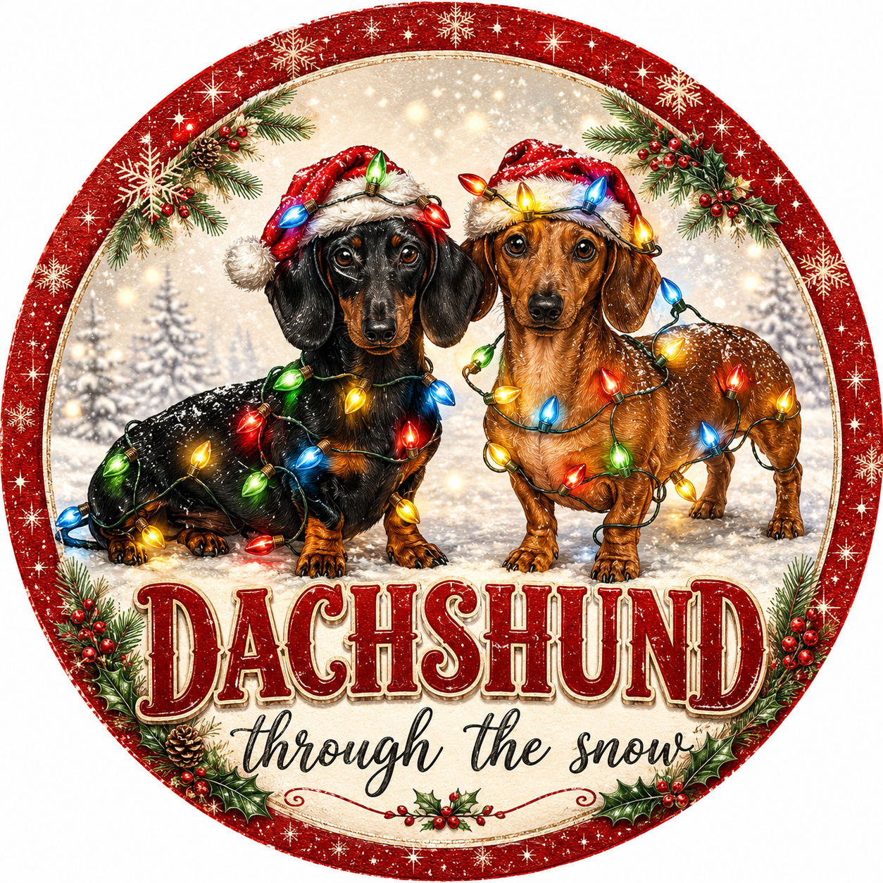 A festive image featuring two dachshund dogs wearing Santa hats and Christmas lights, with the text "DACHSHUND through the snow" in the center.