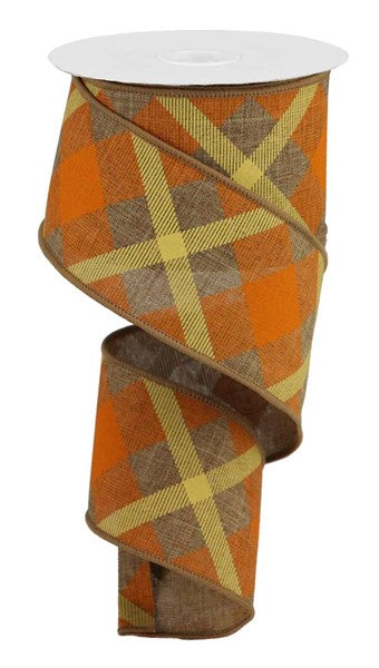 a roll of orange and brown plaid ribbon