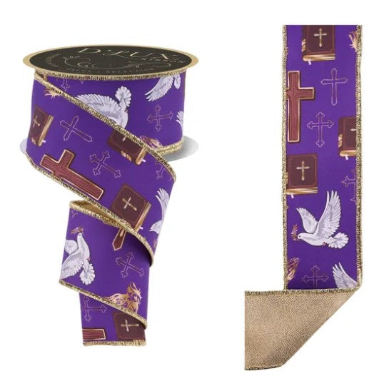 a purple ribbon with a repeating pattern of crosses and books, and a black and gold label on the ribbon.