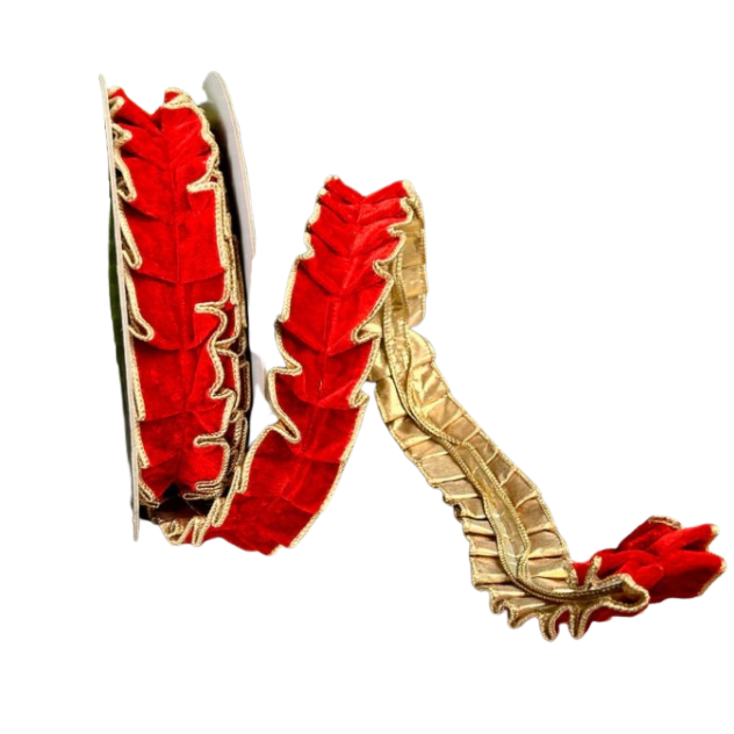 A red and gold decorative ribbon with a ruffled texture.