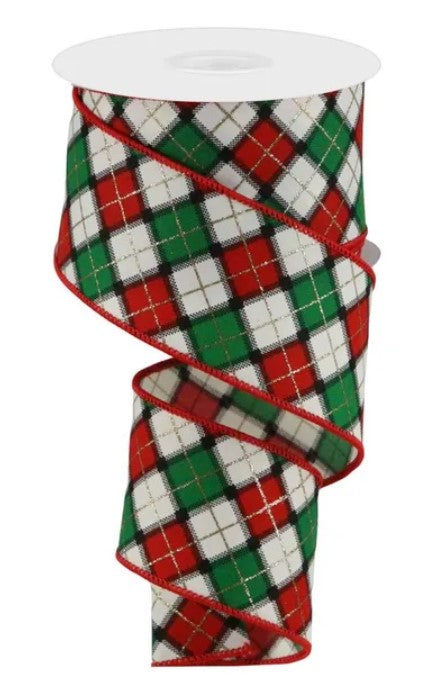 A spiral-shaped Christmas ribbon with a plaid pattern in red, white, and green colors.