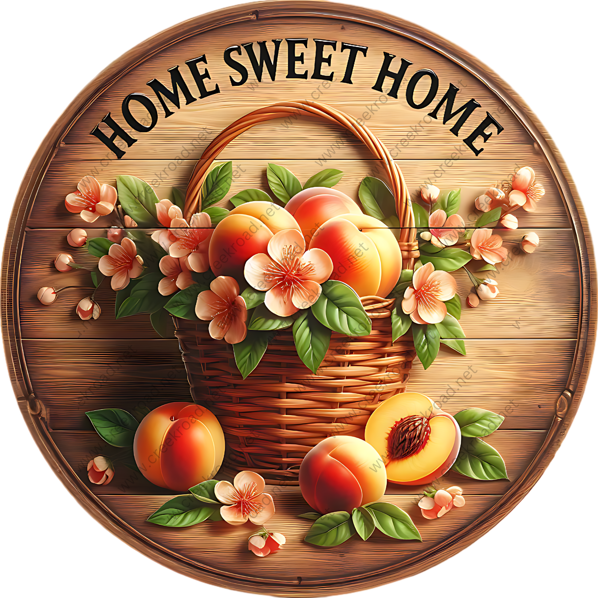 A wooden sign with a basket of peaches and flowers, surrounded by leaves, with the text "HOME SWEET HOME" written above it.