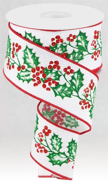 A white and red Christmas-themed ribbon with holly and red berries printed on it.
