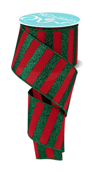 A red and green striped ribbon with a glittery texture, sitting on top of a white background.