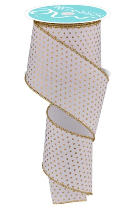 a white and gold polka dot ribbon with a turquoise label on top.
