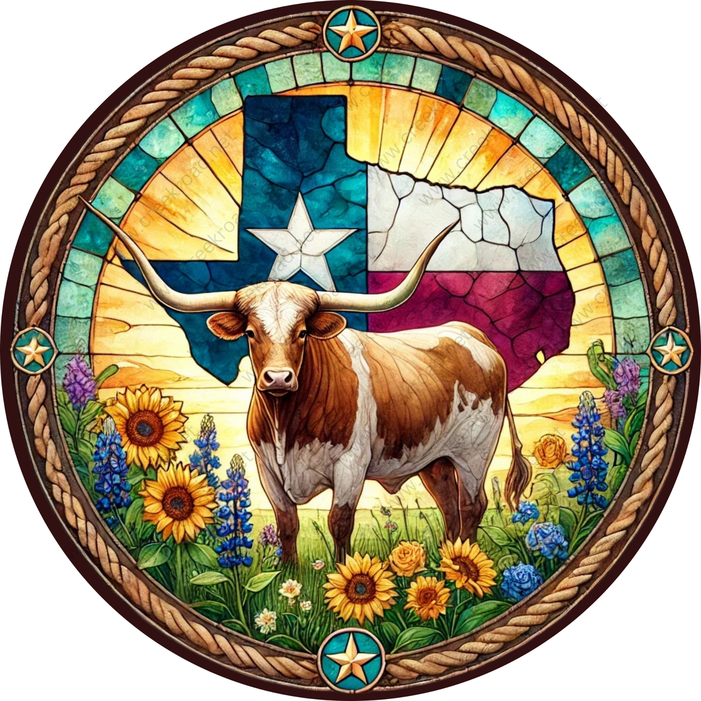 A stained glass-style image featuring a bull with horns, surrounded by flowers, sunflowers, and a Texas state map.