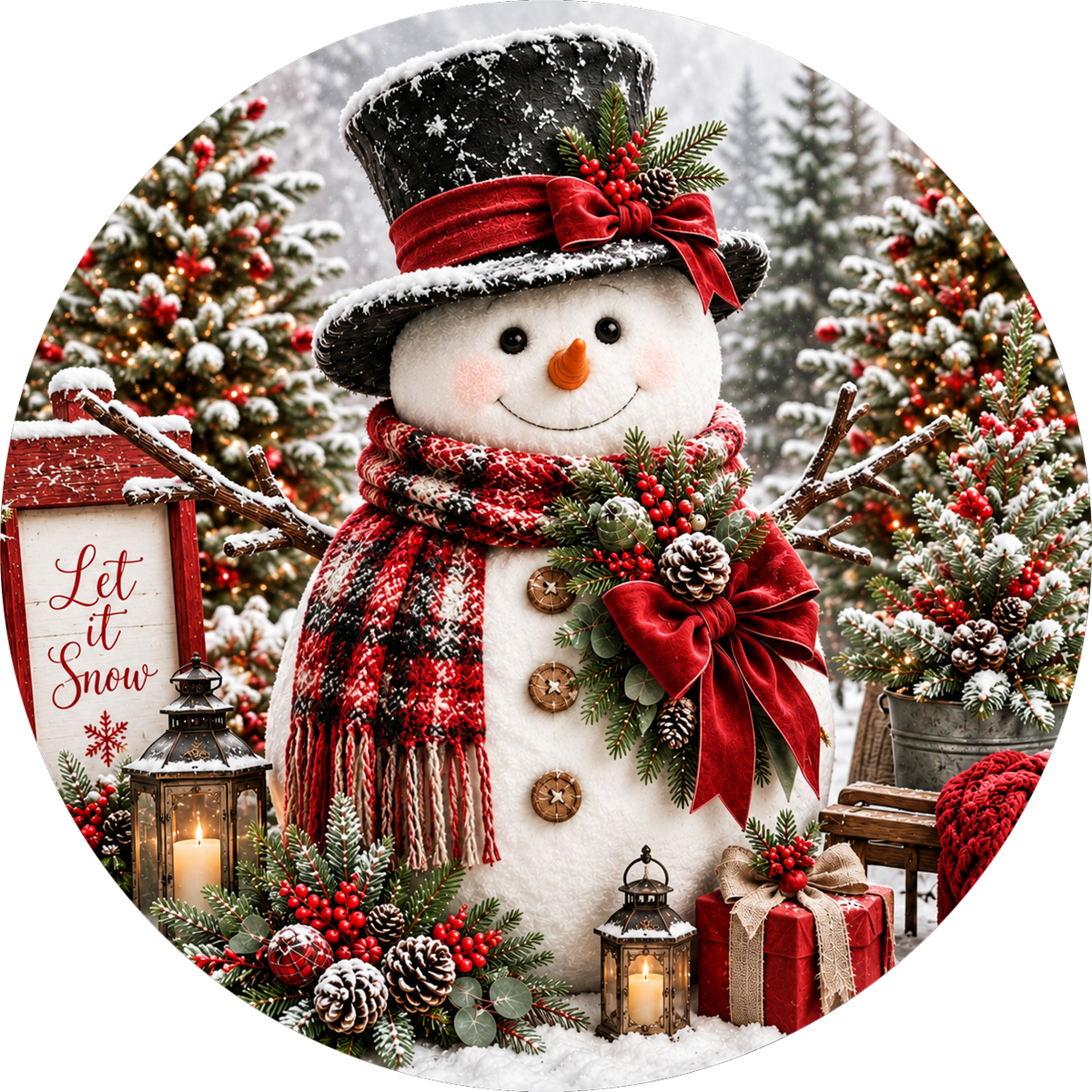 A festive Christmas scene featuring a snowman wearing a top hat and scarf, surrounded by holiday decorations such as a Christmas tree, lanterns, and presents.